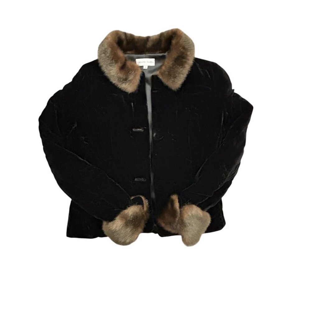 Gerard Darrel Quilted Silk and Velvet Jacket Size 40, Faux Fur Collar and Cuff